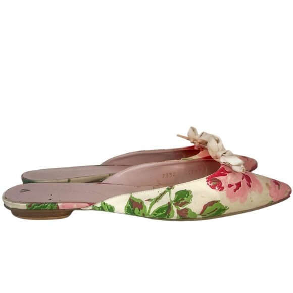 LK BENNETT Peony Floral Print Slip-On Mules 39 US 8 Pointed Toe Pink White Flats - Picture 2 of 9